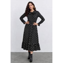 Women' S Long-sleeved, Lace-up Collar, Long Polka Dot Crepe Maxi Dress , 31809
