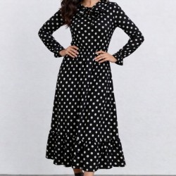 Kadın Uzun Kollu Yakası Bağcıklı Uzun Puantiyeli Krep Maxi Elbise , 31809