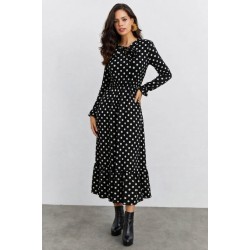 Kadın Uzun Kollu Yakası Bağcıklı Uzun Puantiyeli Krep Maxi Elbise , 31809