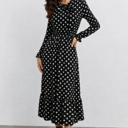 Kadın Uzun Kollu Yakası Bağcıklı Uzun Puantiyeli Krep Maxi Elbise , 31809