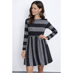 Women' S Long-sleeved Crew Neck Striped Pattern Detail Supreme Mini Dress , 31808