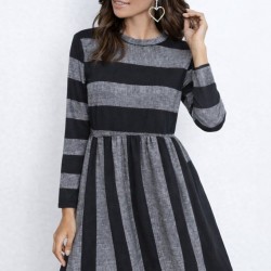 Kadın Uzun Kollu Bisiklet Yaka çizgili Desen Detaylı Süprem Mini Elbise , 31808