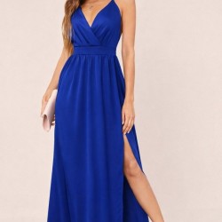 Kadın Ip Askılı Kruvazeli Yırtmaç Detaylı Yerli Krep Uzun Elbise , 31807