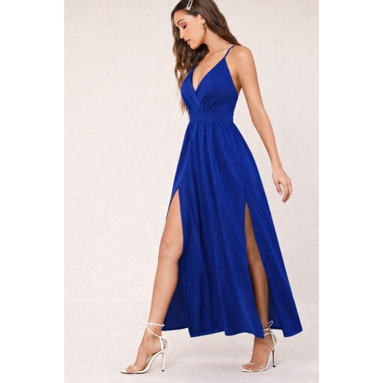 Kadın Ip Askılı Kruvazeli Yırtmaç Detaylı Yerli Krep Uzun Elbise , 31807