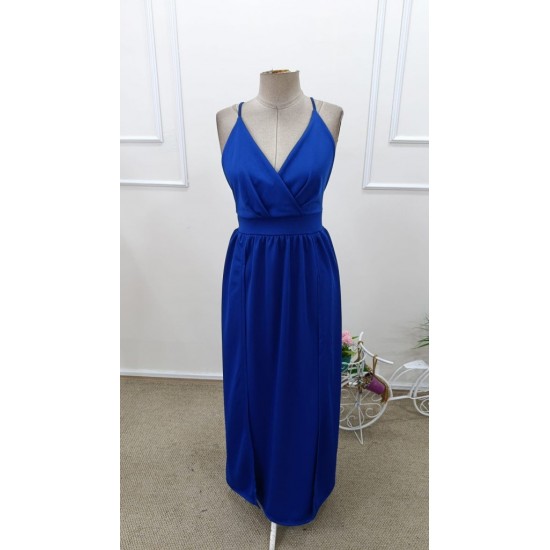 Kadın Ip Askılı Kruvazeli Yırtmaç Detaylı Yerli Krep Uzun Elbise , 31807