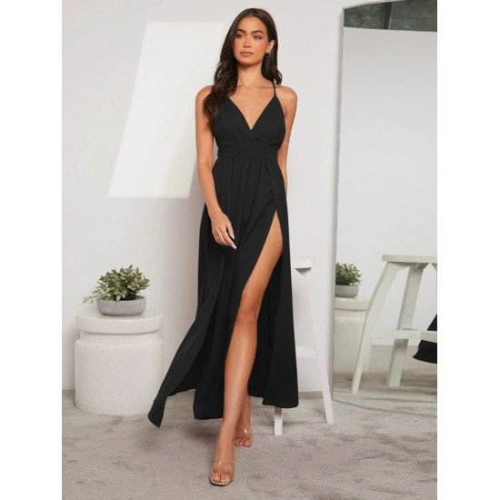 Kadın Ip Askılı Kruvazeli Yırtmaç Detaylı Yerli Krep Uzun Elbise , 31806