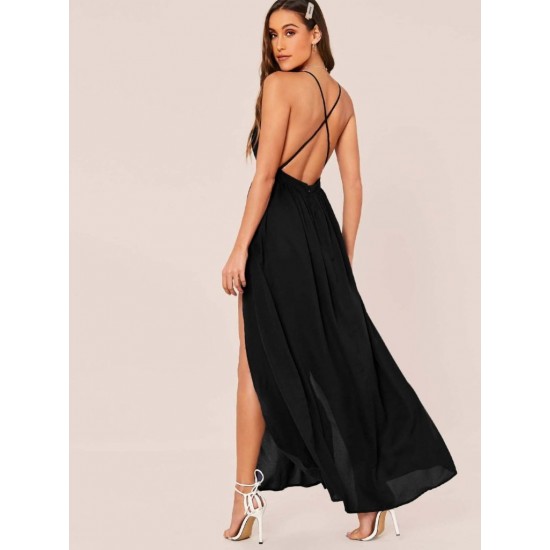 Kadın Ip Askılı Kruvazeli Yırtmaç Detaylı Yerli Krep Uzun Elbise , 31806