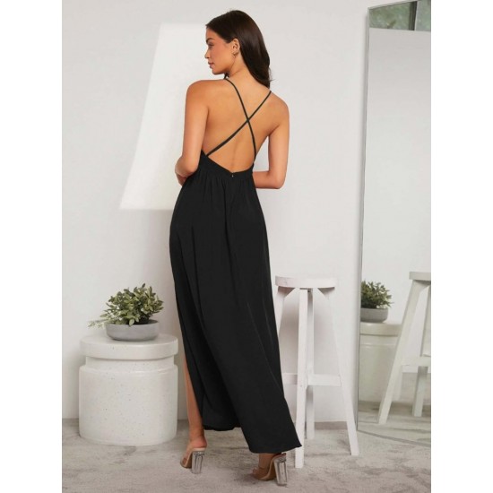 Kadın Ip Askılı Kruvazeli Yırtmaç Detaylı Yerli Krep Uzun Elbise , 31806