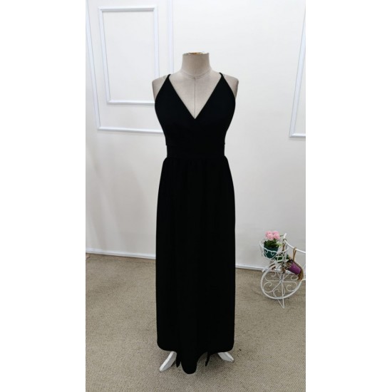 Kadın Ip Askılı Kruvazeli Yırtmaç Detaylı Yerli Krep Uzun Elbise , 31806