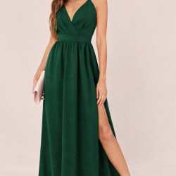 Kadın Ip Askılı Kruvazeli Yırtmaç Detaylı Yerli Krep Uzun Elbise , 31805