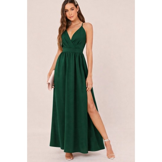 Kadın Ip Askılı Kruvazeli Yırtmaç Detaylı Yerli Krep Uzun Elbise , 31805