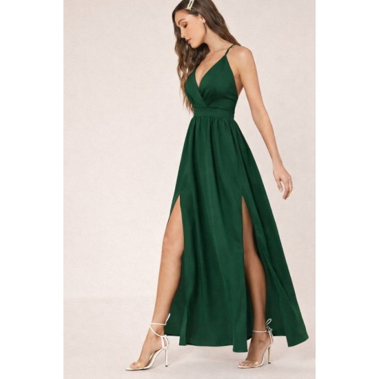 Kadın Ip Askılı Kruvazeli Yırtmaç Detaylı Yerli Krep Uzun Elbise , 31805