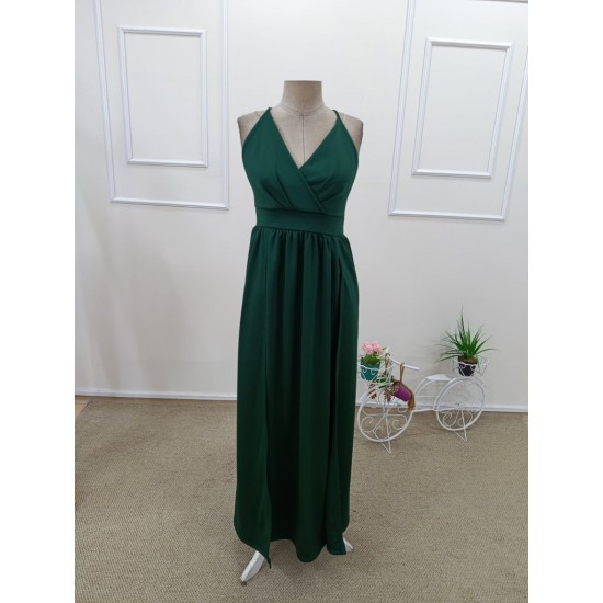 Kadın Ip Askılı Kruvazeli Yırtmaç Detaylı Yerli Krep Uzun Elbise , 31805