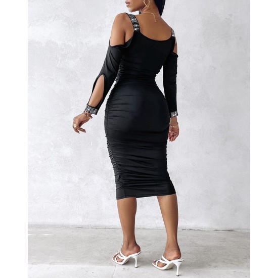 Kadın Omuzlardan Açık Uzun Kollu Taşlı Degaje Yakalı Sandy Midi Elbise , 31804