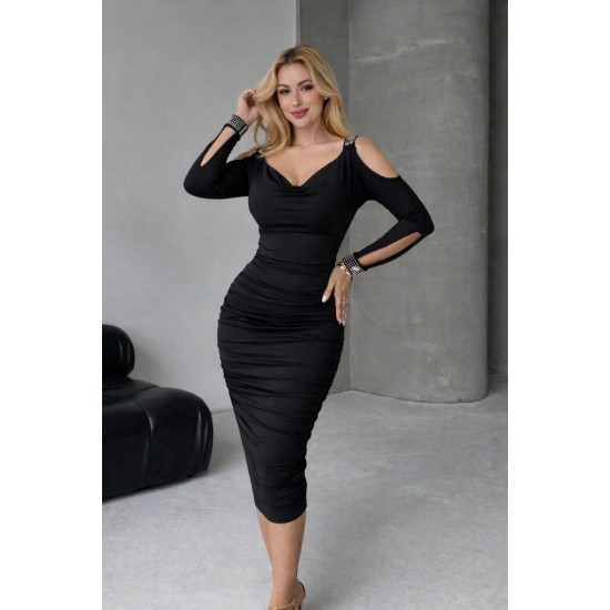 Kadın Omuzlardan Açık Uzun Kollu Taşlı Degaje Yakalı Sandy Midi Elbise , 31804