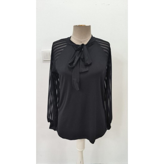 Kadın Uzun Kollu Reglan Kol Detaylı Tüllü Yakadan Bağlamalı Sandy Bluz, 31813