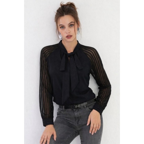 Kadın Uzun Kollu Reglan Kol Detaylı Tüllü Yakadan Bağlamalı Sandy Bluz, 31813