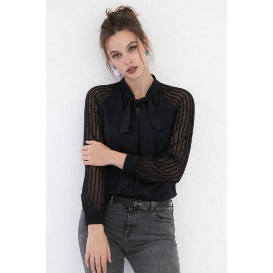 Kadın Uzun Kollu Reglan Kol Detaylı Tüllü Yakadan Bağlamalı Sandy Bluz, 31813