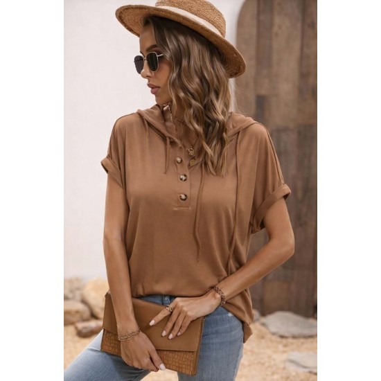 Kadın Kısa Kollu Kapşonlu Bağcıklı Vizon Viskon Bluz , 31818