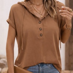 Kadın Kısa Kollu Kapşonlu Bağcıklı Vizon Viskon Bluz , 31818