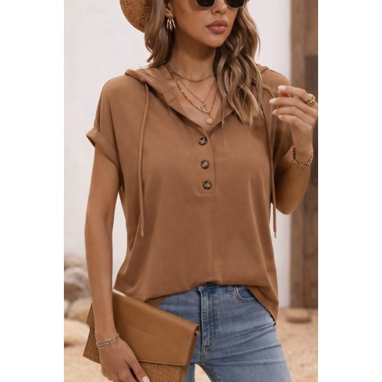 Kadın Kısa Kollu Kapşonlu Bağcıklı Vizon Viskon Bluz , 31818