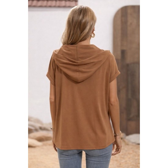 Kadın Kısa Kollu Kapşonlu Bağcıklı Vizon Viskon Bluz , 31818