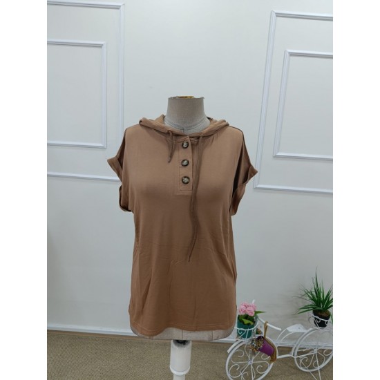 Kadın Kısa Kollu Kapşonlu Bağcıklı Vizon Viskon Bluz , 31818