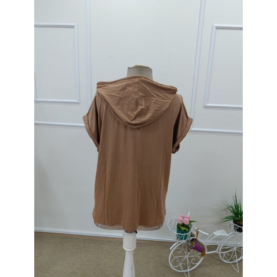 Kadın Kısa Kollu Kapşonlu Bağcıklı Vizon Viskon Bluz , 31818