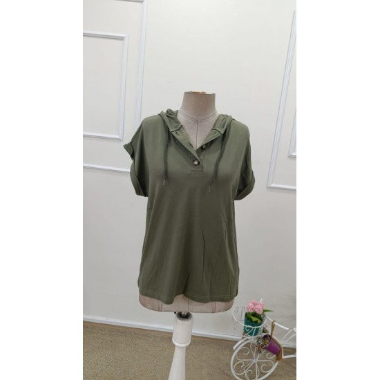 Kadın Kısa Kollu Kapşonlu Bağcıklı Viskon Bluz , 31817