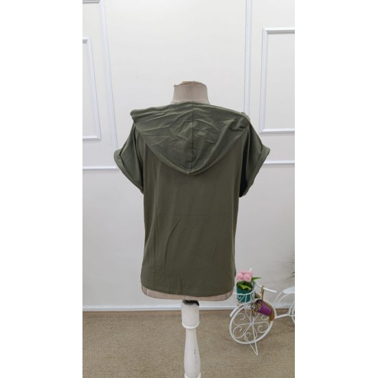 Kadın Kısa Kollu Kapşonlu Bağcıklı Viskon Bluz , 31817