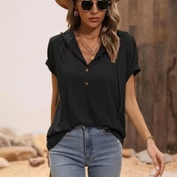 Kadın Kısa Kollu Kapşonlu Bağcıklı Viskon Bluz , 31816 Kadın Kısa Kollu Kapşonlu Bağcıklı Viskon Bluz , 31816