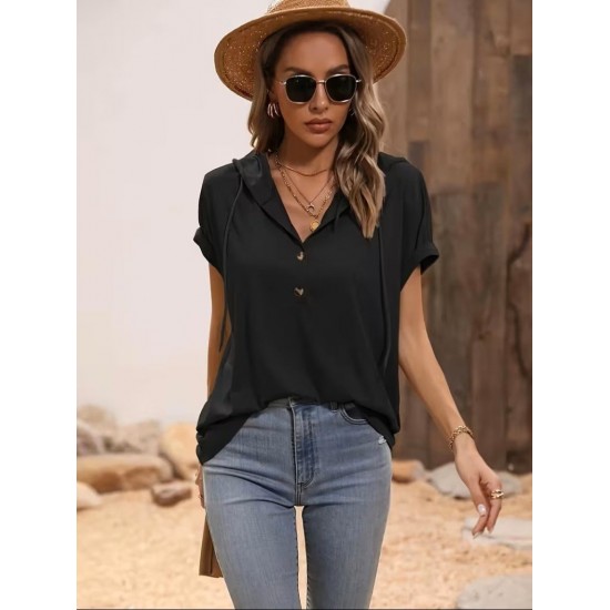 Kadın Kısa Kollu Kapşonlu Bağcıklı Viskon Bluz , 31816