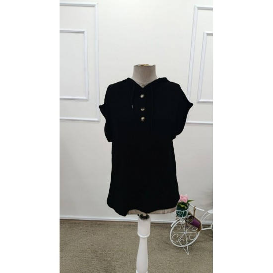 Kadın Kısa Kollu Kapşonlu Bağcıklı Viskon Bluz , 31816