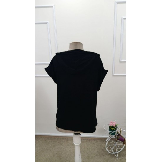 Kadın Kısa Kollu Kapşonlu Bağcıklı Viskon Bluz , 31816