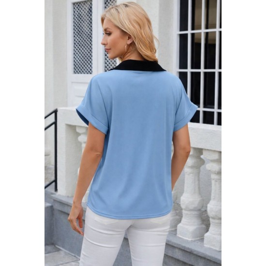 Kadın Kısa Kollu V Yakalı önden şerit Detaylı Sandy Bluz , 31815