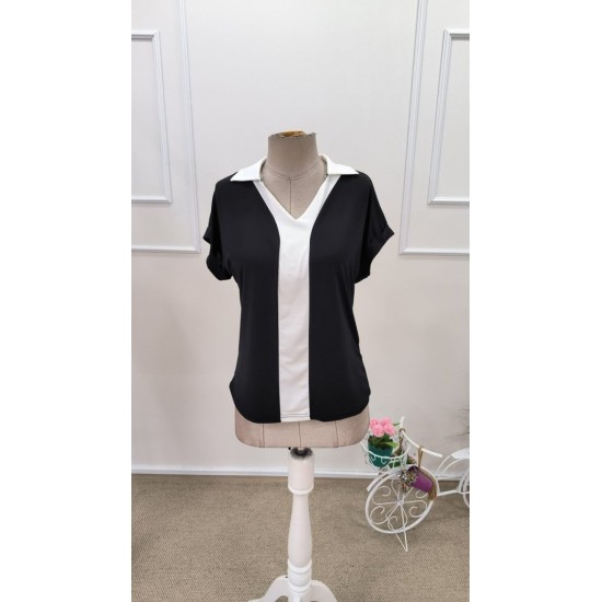 Kadın Kısa Kollu V Yakalı önden şerit Detaylı Sandy Bluz , 31814