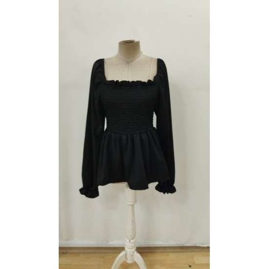 Kadın Uzun Kollu Geometrik Yakalı Gipe Detaylı Krep Bluz , 31821