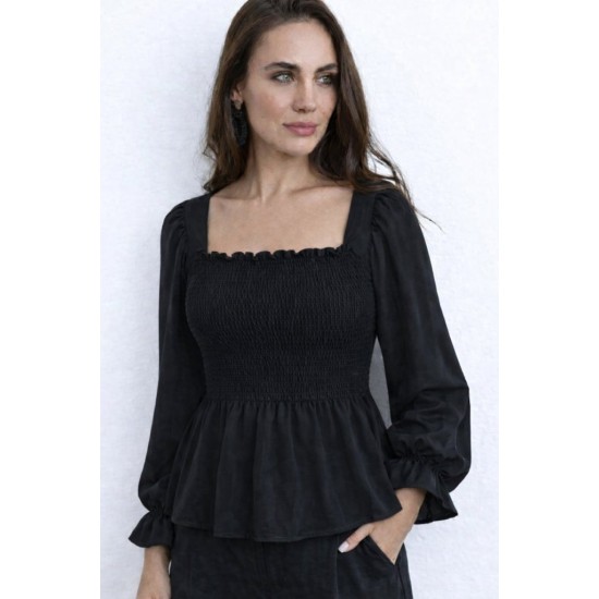 Kadın Uzun Kollu Geometrik Yakalı Gipe Detaylı Krep Bluz , 31821