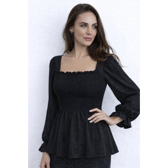 Kadın Uzun Kollu Geometrik Yakalı Gipe Detaylı Krep Bluz , 31821