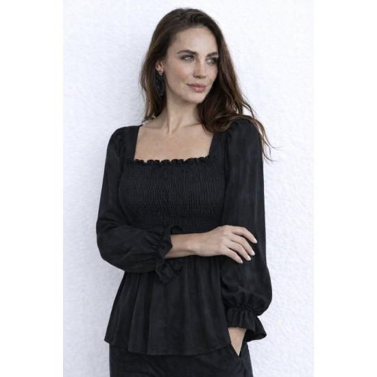 Kadın Uzun Kollu Geometrik Yakalı Gipe Detaylı Krep Bluz , 31821