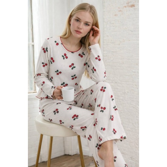 Kadın Uzun Kollu Bisiklet Yaka Desenli Burgu Bluz Ve Pijama Ikili Takım, 31831