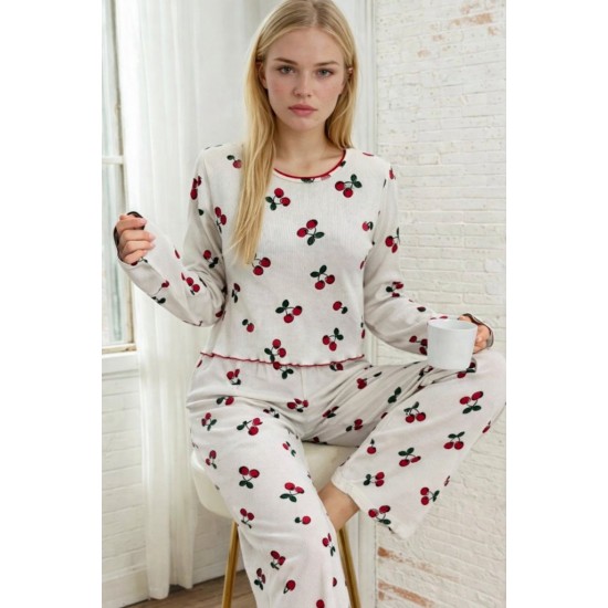 Kadın Uzun Kollu Bisiklet Yaka Desenli Burgu Bluz Ve Pijama Ikili Takım, 31831