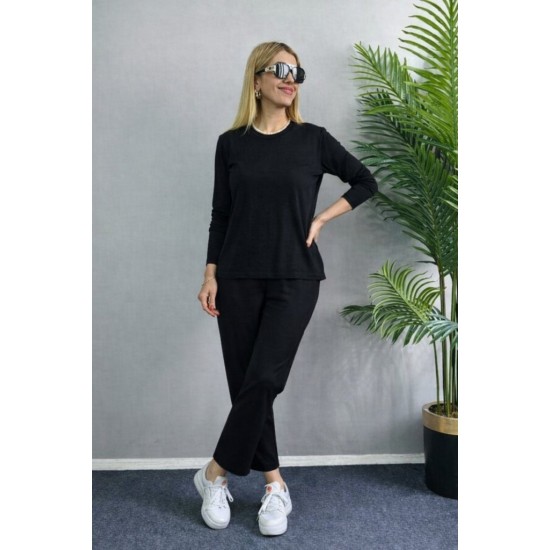 Kadın Uzun Kol Bisiklet Yaka Bürümcük Bluz Ve Pantolon Ikili Takım , 31829