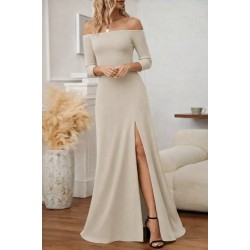 Women' S Long-sleeved, Madonna-neck, Slit-detailed Long Imported Crepe Dress., 31828