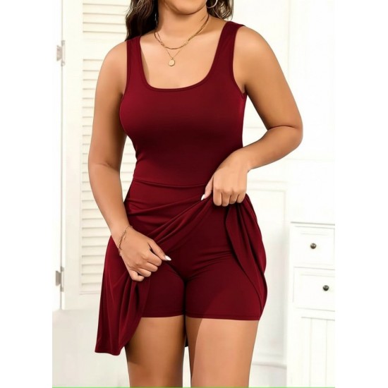 Kadın Askılı Yuvarlak Yaka şortlu Mini Dalgıç Elbise, 31826