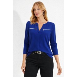 Women' S Long-sleeved V-neck Mandarin Blouse With Zipper Detail, Viscose. , 31824