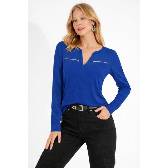 Kadın Uzun Kollu V Hakim Yaka Fermuar Detaylı Viskon Bluz , 31824