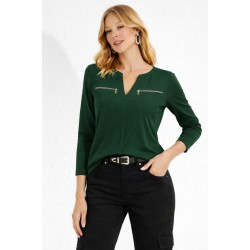 Women' S Long-sleeved V-neck Mandarin Blouse With Zipper Detail, Viscose. , 31823