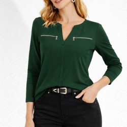 Kadın Uzun Kollu V Hakim Yaka Fermuar Detaylı Viskon Bluz , 31823