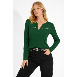 Kadın Uzun Kollu V Hakim Yaka Fermuar Detaylı Viskon Bluz , 31823